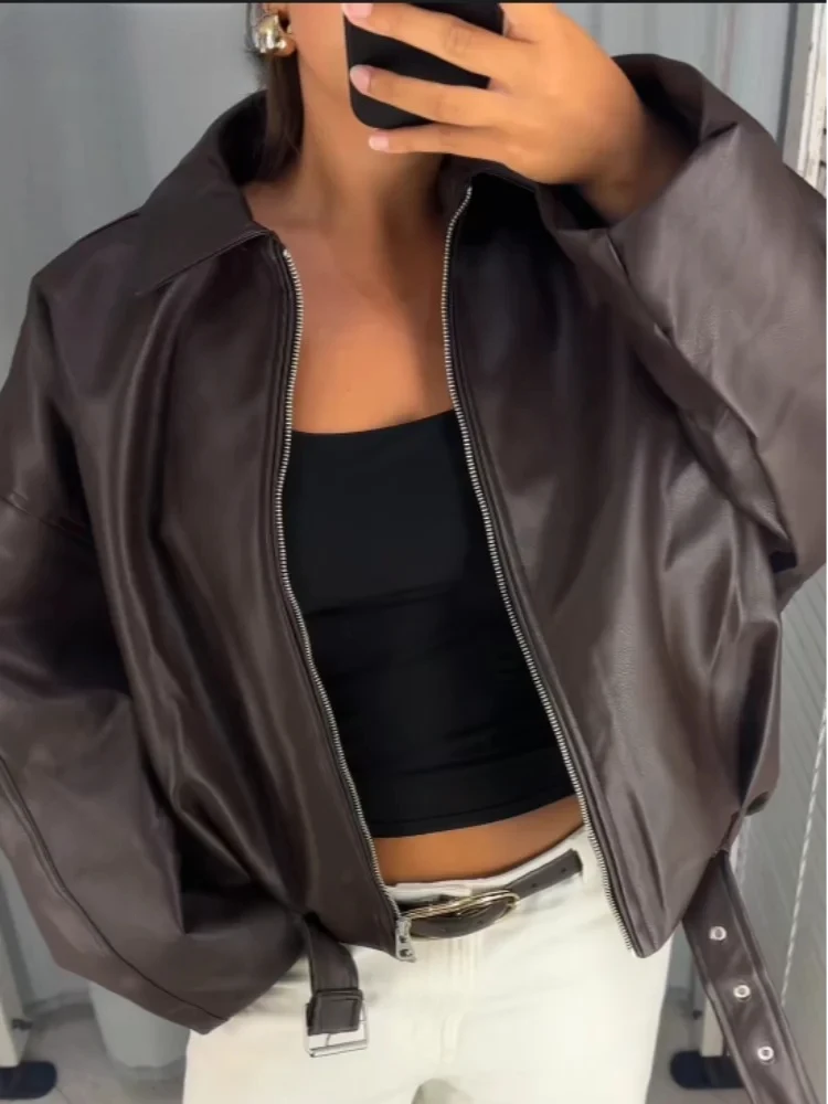 

Элегантная куртка на молнии из искусственной кожи с поясом, женская универсальная куртка с длинными рукавами и лацканами, свободными карманами, осень 2024, кожаное уличное пальто, женское