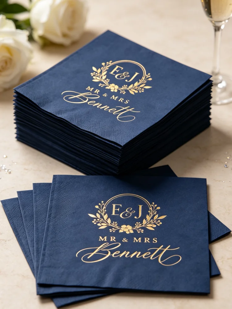 Personalized Engagement Party Cocktail Napkins, Custom Napkins Printed with Names & Date, Engaged Table Decor Supplies