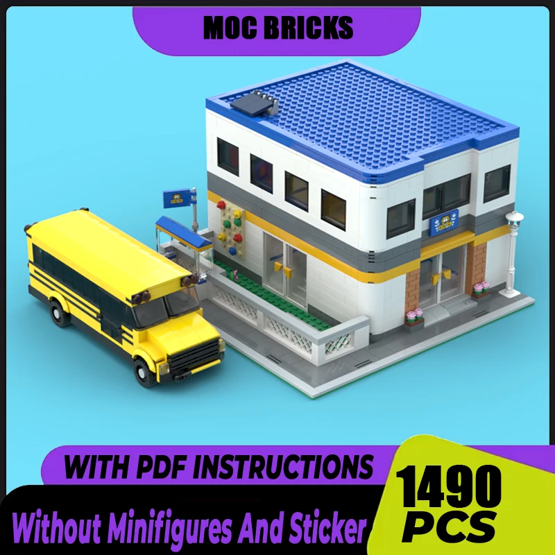 Street View Model Moc Building Blocks Schools and Buses Model Technology Brick DIY Assembly Construction Toy Holiday Gifts