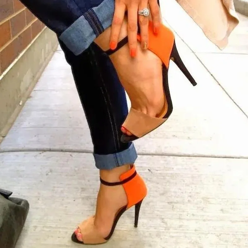 

Orange Mixed Colors Ankle Strap Sandals Cut-out High Heels Summer Dress Shoes Plus Size 11 Patchwork Women Dress Shoes