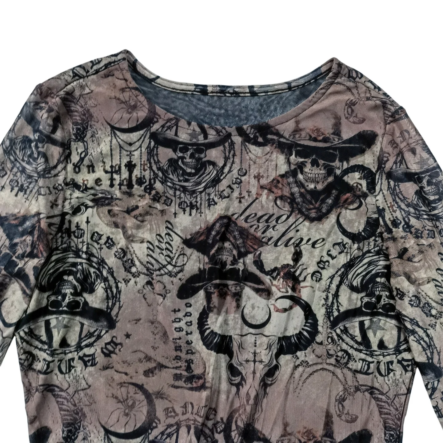 Gothic Style Skeleton Print Dark Rock Punk Mesh See-through Personality Strap Dress Women's H Version Long Sleeve Loose Fit r...