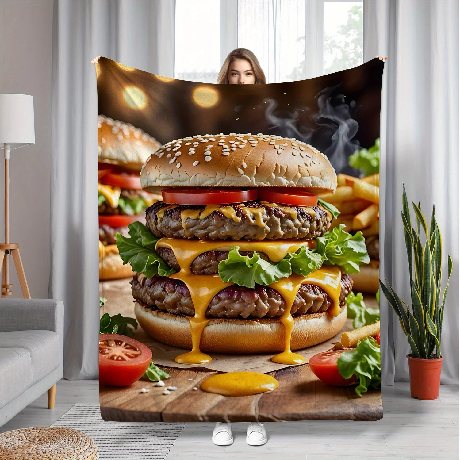 Delicious Burger Print Flannel Blanket, All-Season Throw for Bed and Sofa, Ideal Birthday or Christmas Gift, Machine Washable, P