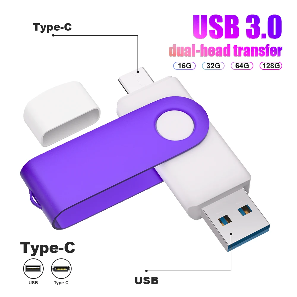 2 in 1 USB3.0 Type C Flash Drive 128GB High Speed Pendrive 64G Free Key Chain Pendrive 32G Orange USB Stick 16G Free Custom Logo