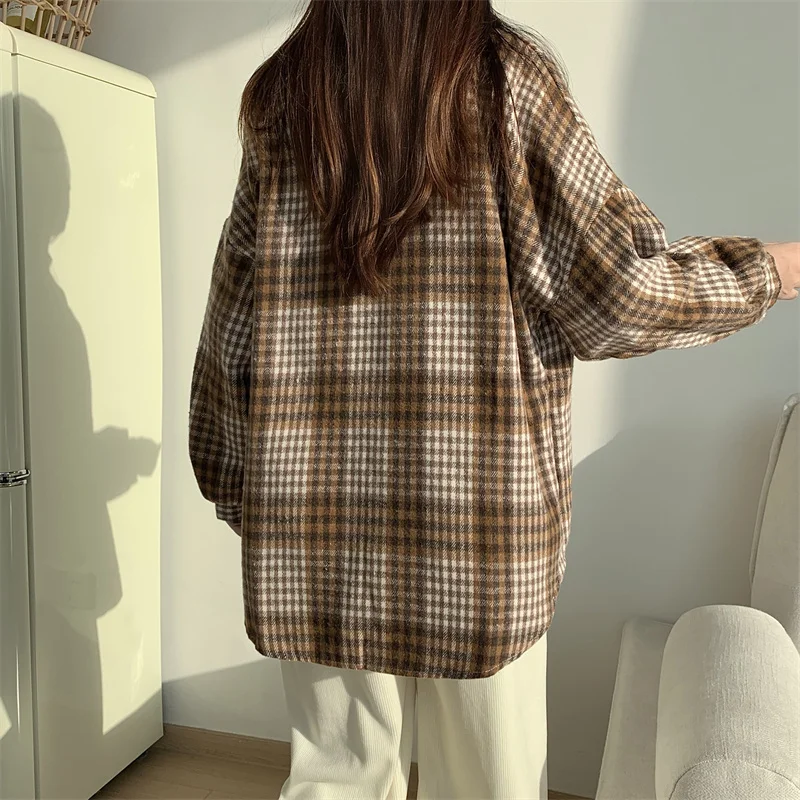 Aossviao 2025 engrossado lã xadrez camisa feminina solta meados de comprimento outono inverno nova blusa versátil botão na moda outerwear