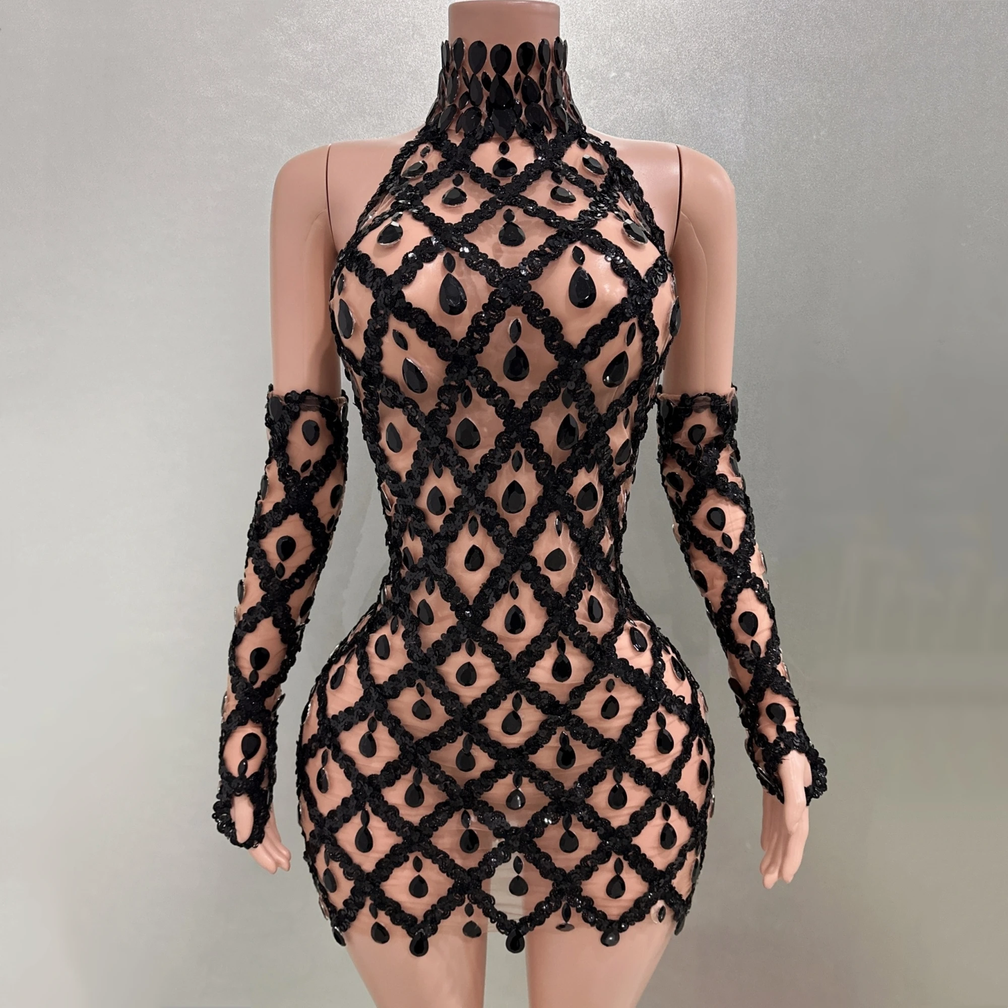 Stock Black Rhinestones Gloves Sexy Off-The-Shoulder Halter Backless Bodycon Dress Fashion Nightclub Party Performance Costume