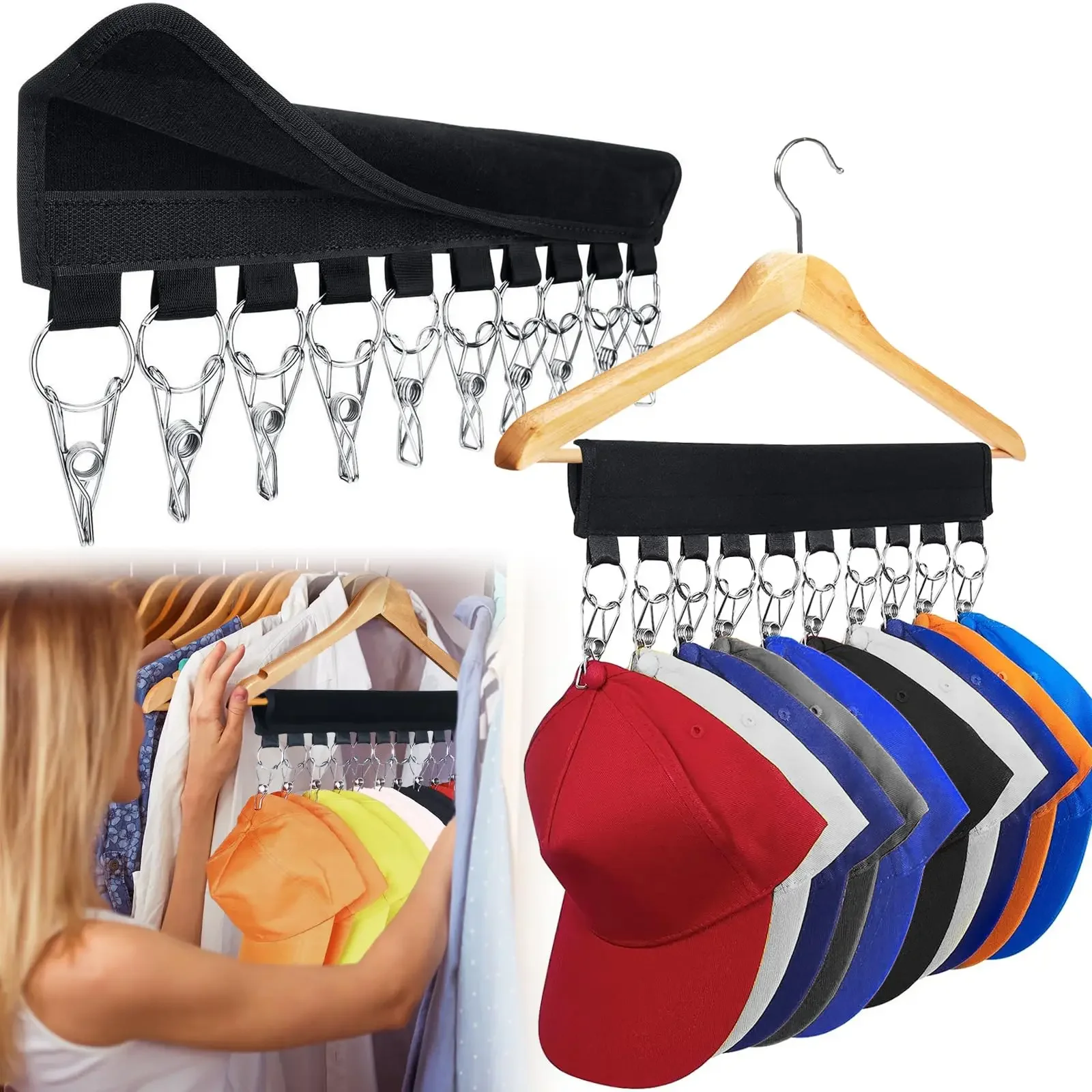 Hat Rack for Baseball Caps Hat Organizer Holder for Hanger & Room Closet Display, 10 Hat Storage Clips for Hang Ball Caps