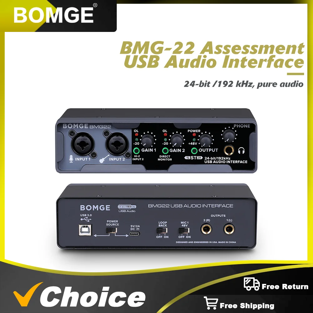 BOMGE USB Audio Interface mixer 24 bit/192 kHz with XLR Phantom Power Direct Monitoring Loopback for PC Recording Streaming