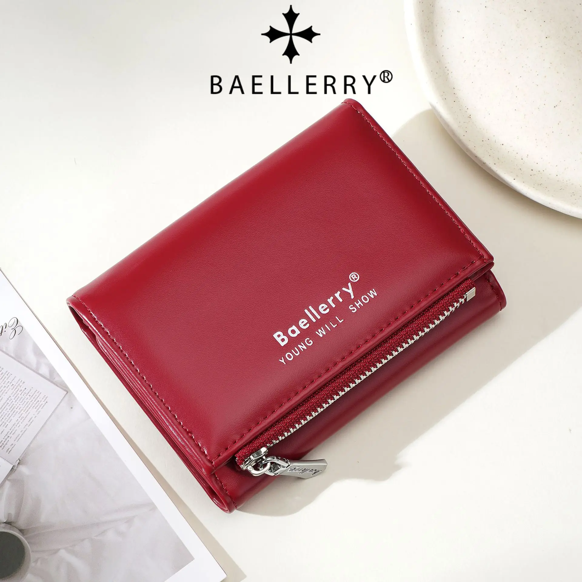 Baellerry Solid Trifold Wallet Women Soft PU Leather Multi Card Slots Zipper Coin Pocket Portable Lightweight Mini Credit Card H