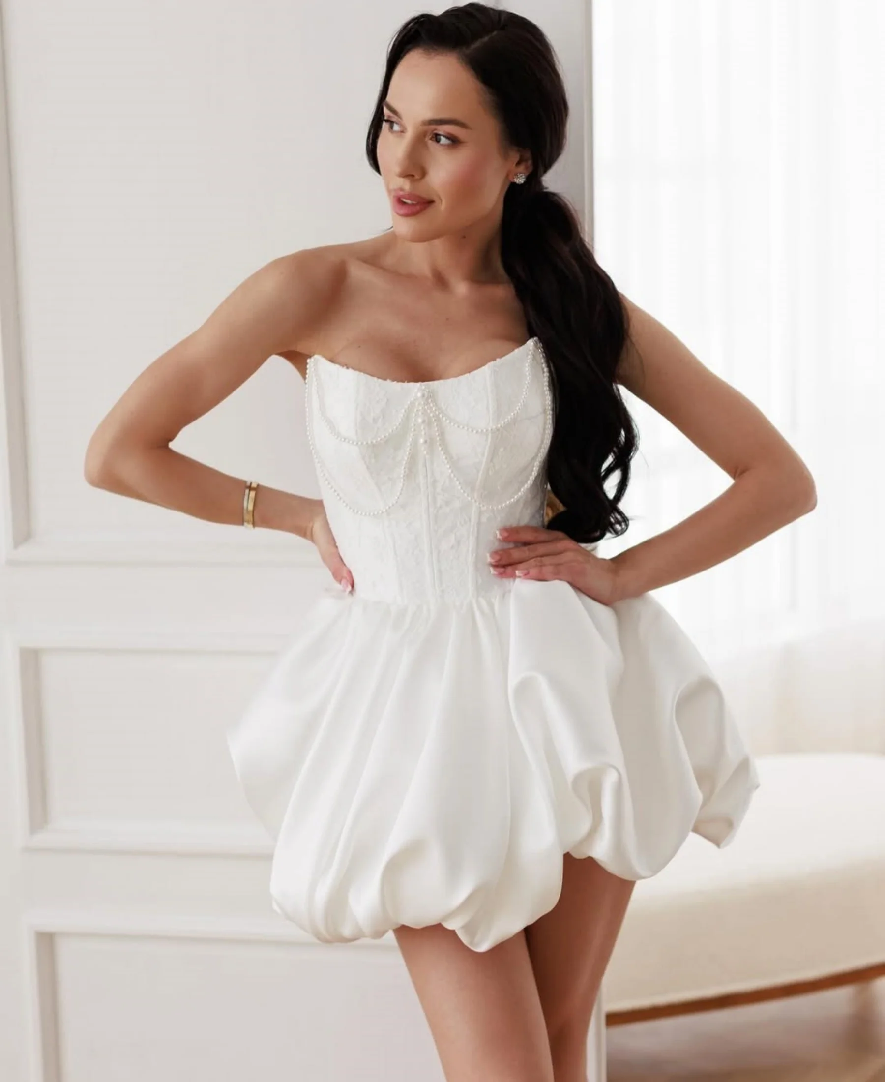 Romantic Pearl Beaded Short Wedding Dresses For Bride Satin Ball Gown Sweetheart Bridal Party Gown Vestidos novia Customized