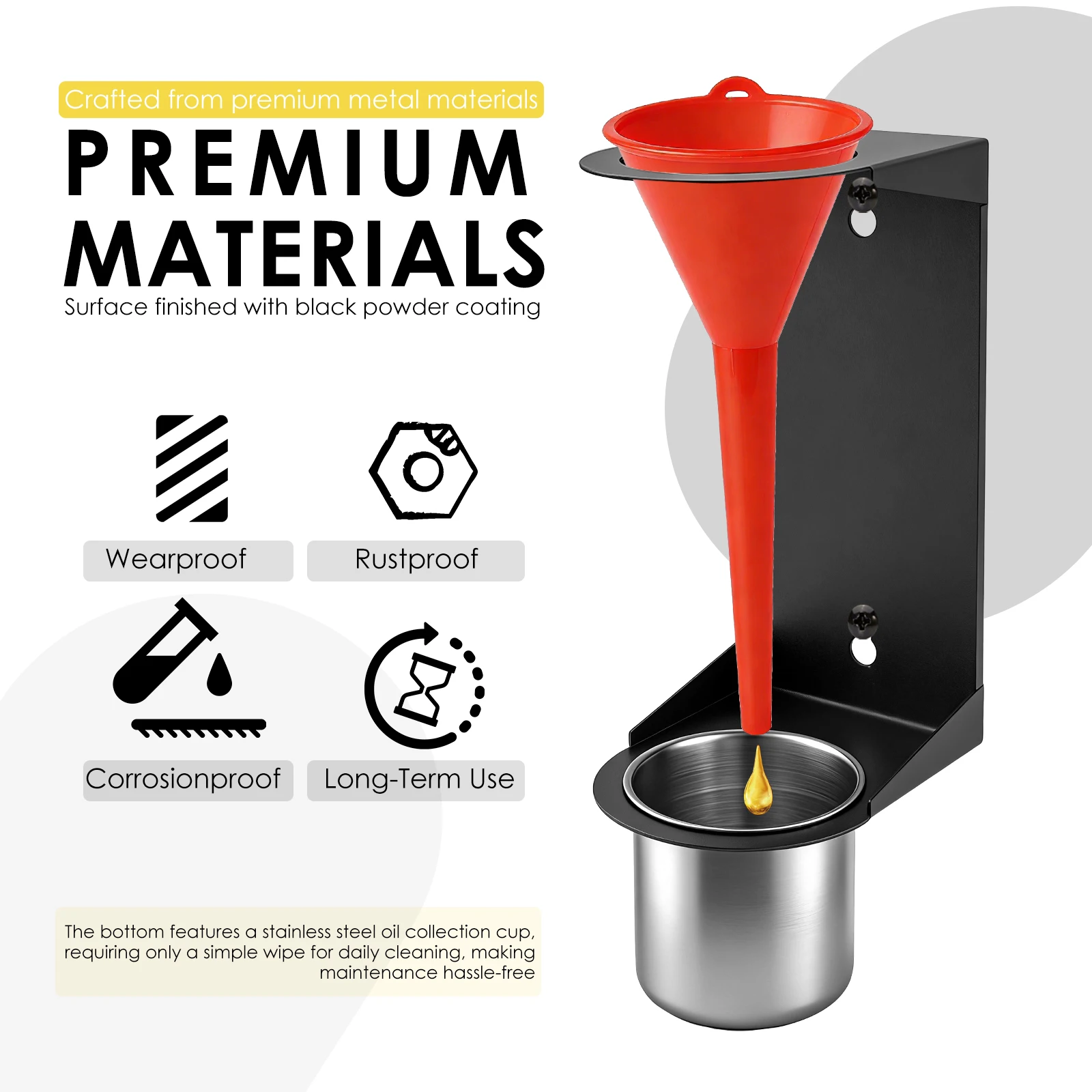 Wall Mount Oil Funnel Holder Organizer Storage Rack with Removable Collection Cup Fluid Drain Caddy for Workshop Shed Garage