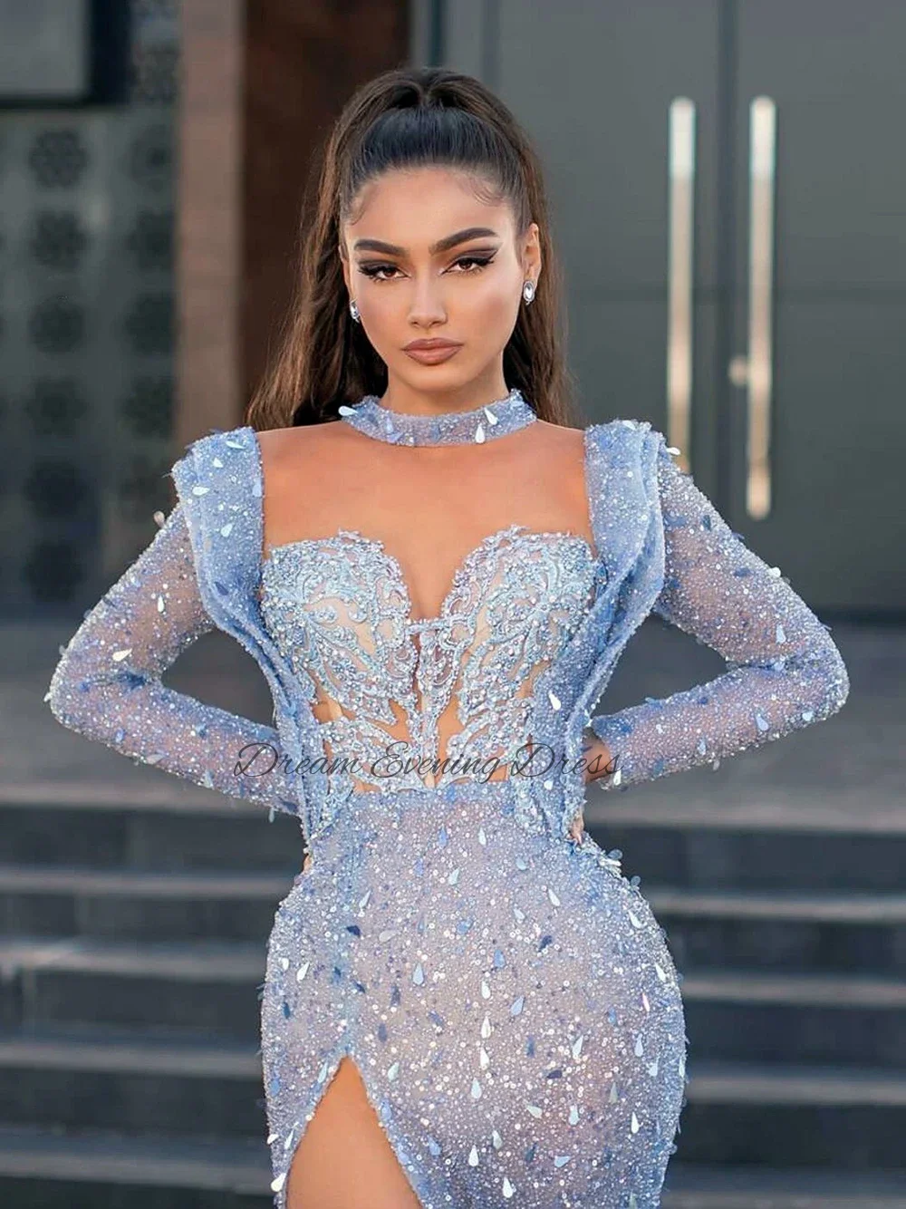 Luxury 2023 Sky Blue Long Sleeves Evening Gowns Mermaid Sexy Side Split Sequins Party Dresses Custom Made vestidos de noche