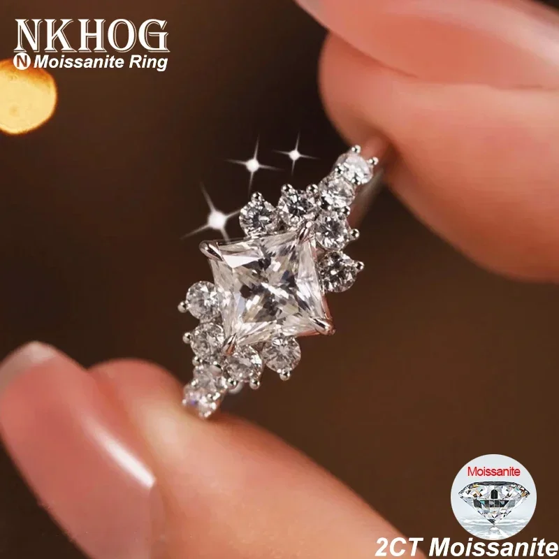 

NKHOG 2Carat Princess Cut Moissanite Rings 925 Sterling Silver Sparkling Square Diamond for Women Wedding Bands Fine Jewelry GRA