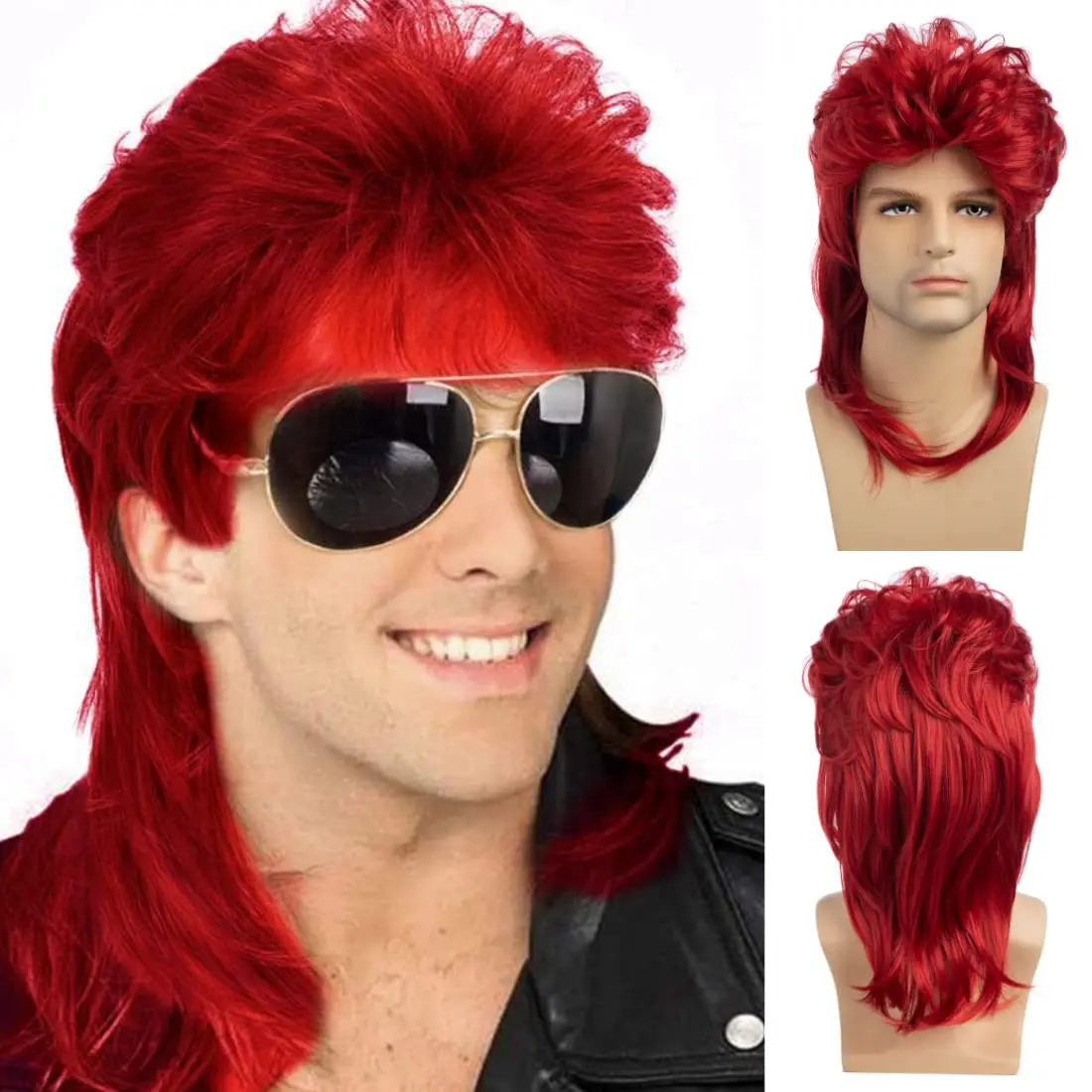 Sallcks Red Mullet Wigs for Men 80s Long Punk Rocker Wig Synthetic Halloween Costume Wigs for Men (Red)
