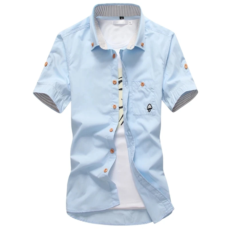 Men\'s Casual Short Sleeve Cotton Shirts,Dress Shirt,small Mushroom Embroidery Stripe Bordered Male Shirt