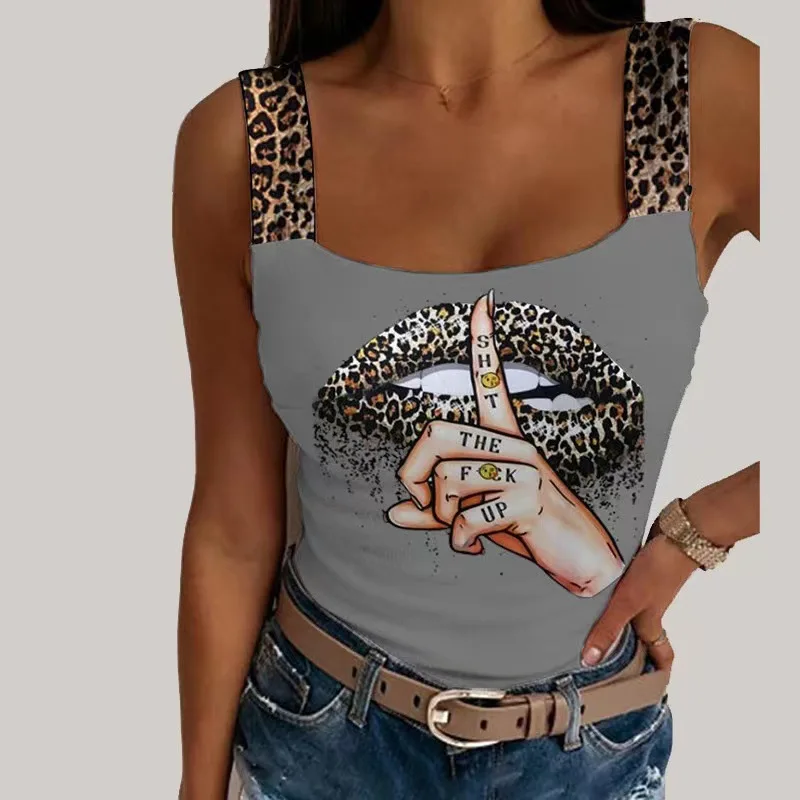 Damesmode Luipaard Lippen Gedrukt Mouwloos Crop Tops Fashion Party Club Zomer Mouwloos Streetwear Bustier Tops Vesten