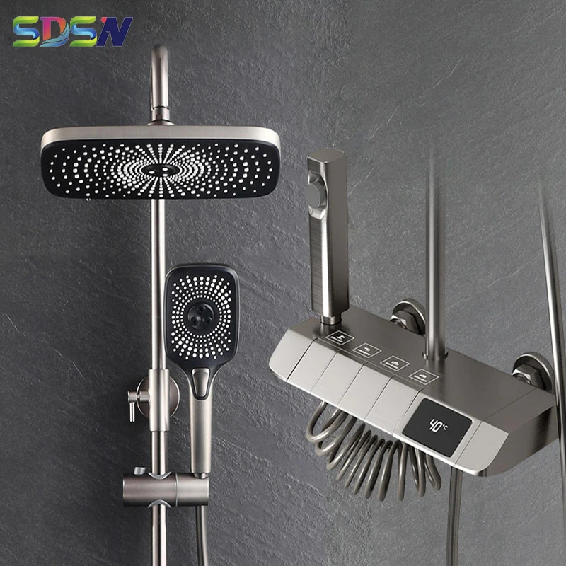 

Newly Piano Digital Shower Set of 12 Inch Rainfall Shower Head Solid Brass Bathroom Mixer Faucets Grey Digital Piano Shower Set