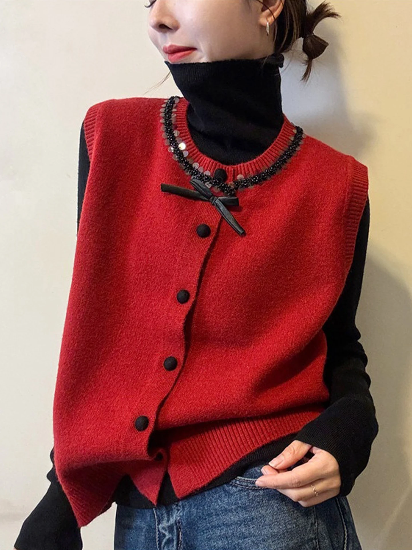 

Korean Sle Single Button Knitted Vest Cisas Red Soft Comfortable Women's Base irt Inner Wear Winter Faion Poet Lin