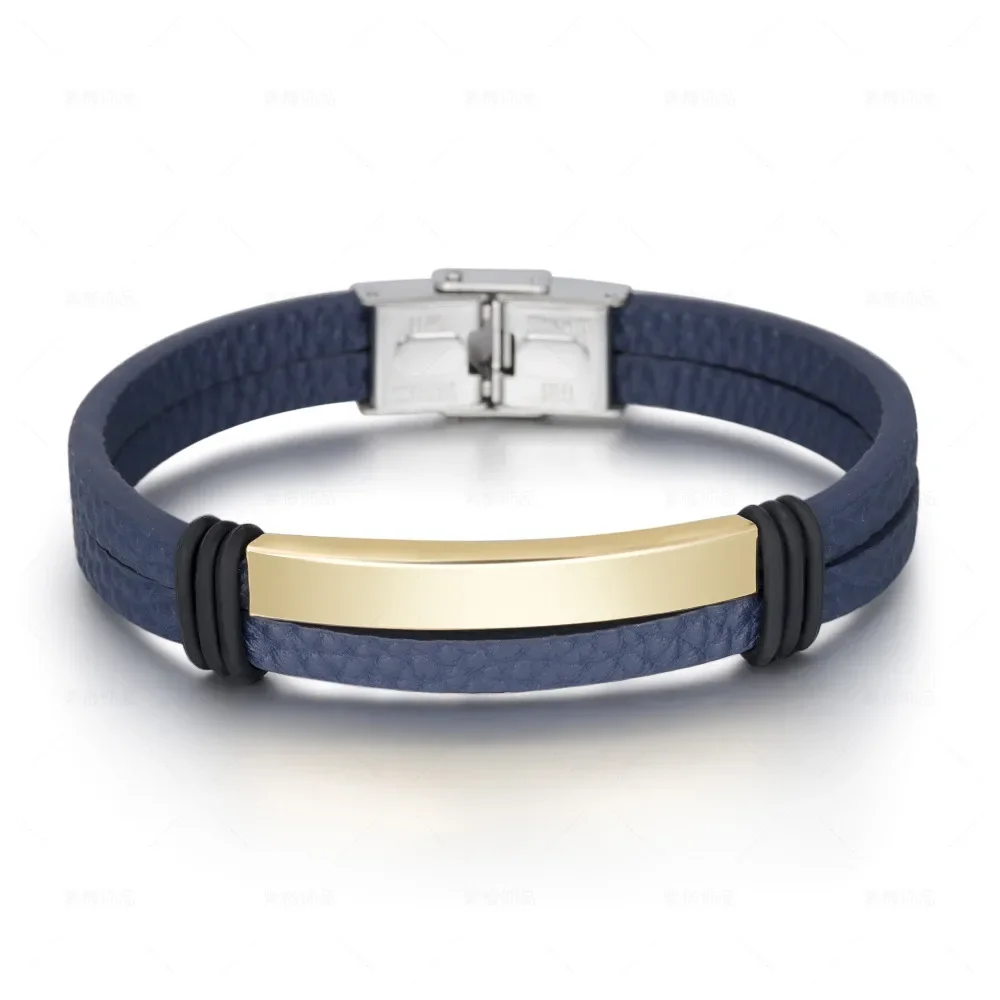 Trendy Men Leatherwear Weave Bracelet Leisure Color Contrast Stainless Steel Bangle Bracelets