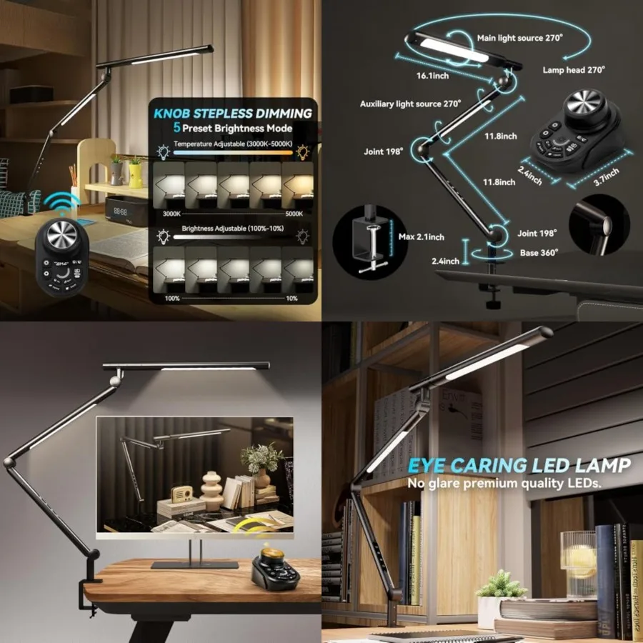 Adjustable LED Desk Lamp Modern Black - Clamp Mount Office Table Light with Desktop Remote Control, Adjustable Brightness and C