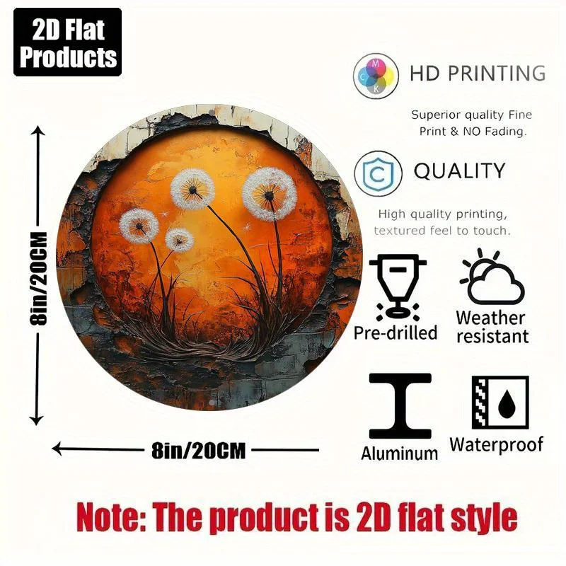 2D Flat Vintage Dandelion-Themed Round Aluminum Wall Art | 20.32x20.32 cm Rustic Decorative Plaque with Textured End for Home, K