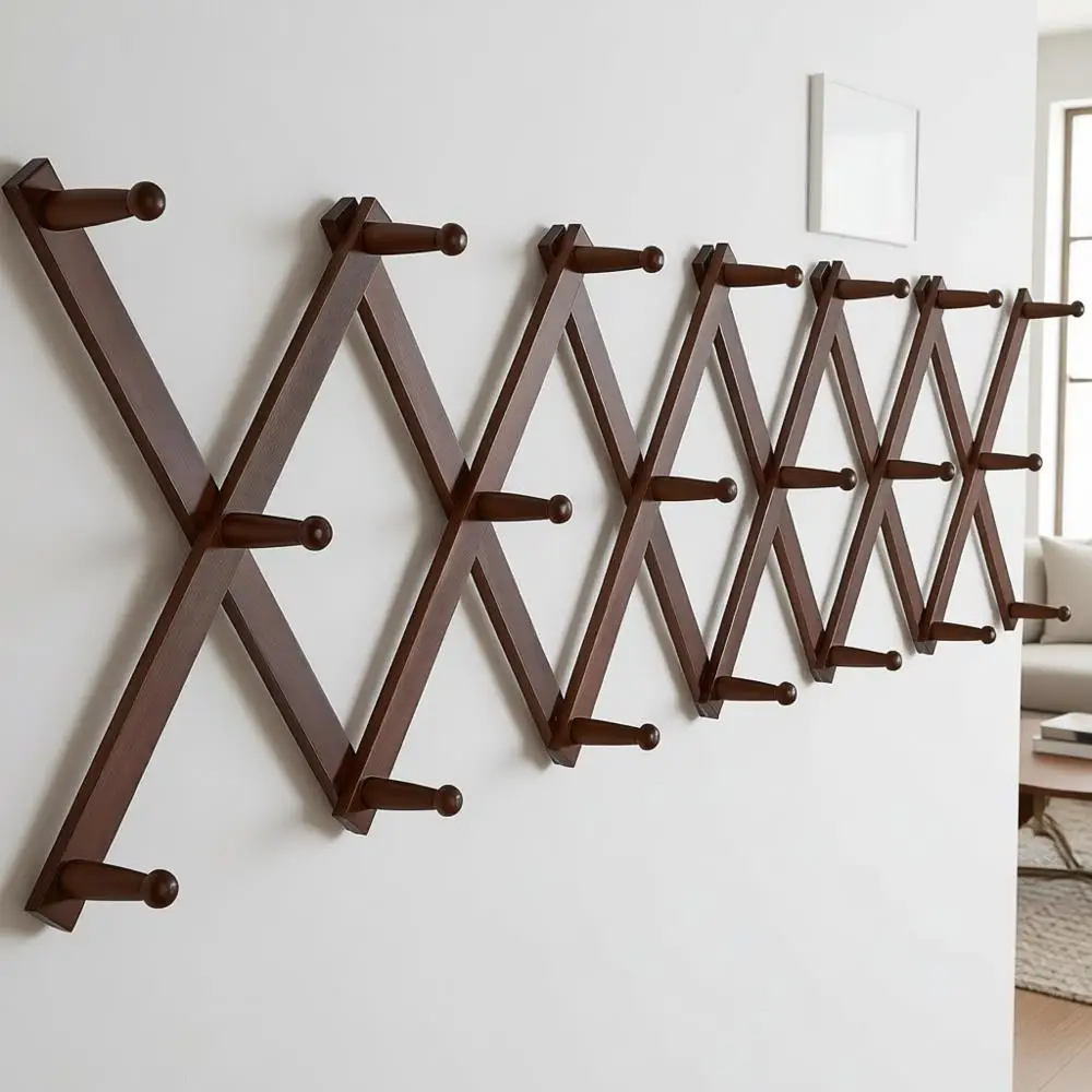 

Раздвижная деревянная настенная вешалка для одежды с 20 крючками для шляп, сумок и многого другого, отделка под орех.