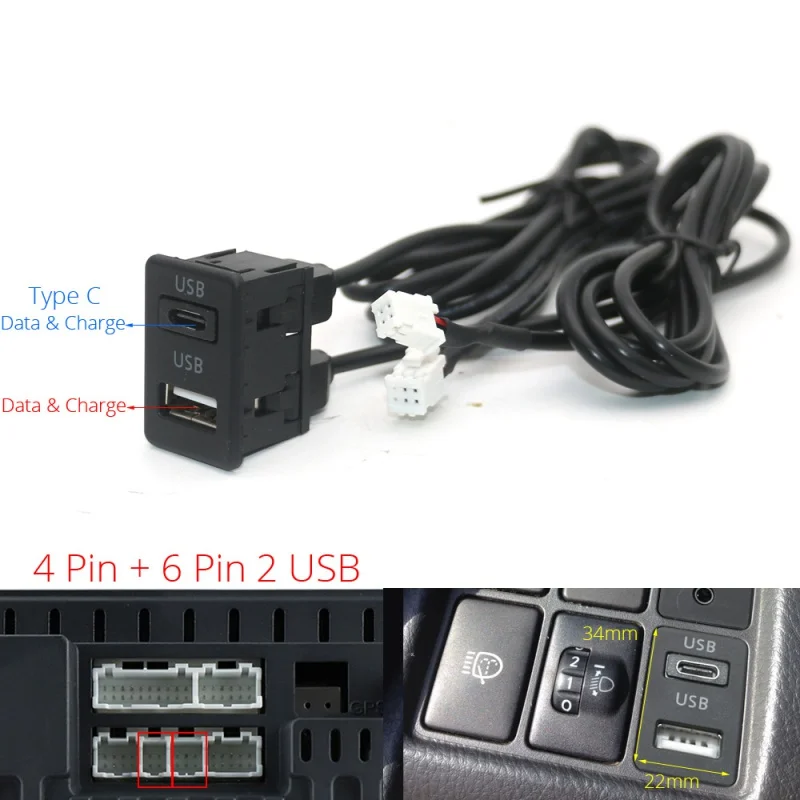 4 6 Pin Car Radio Dash Flush Mount Dual Type-C USB Port Switch Panel 3.5mm AUX RCA Interface Cable Adapter Android Multimedia