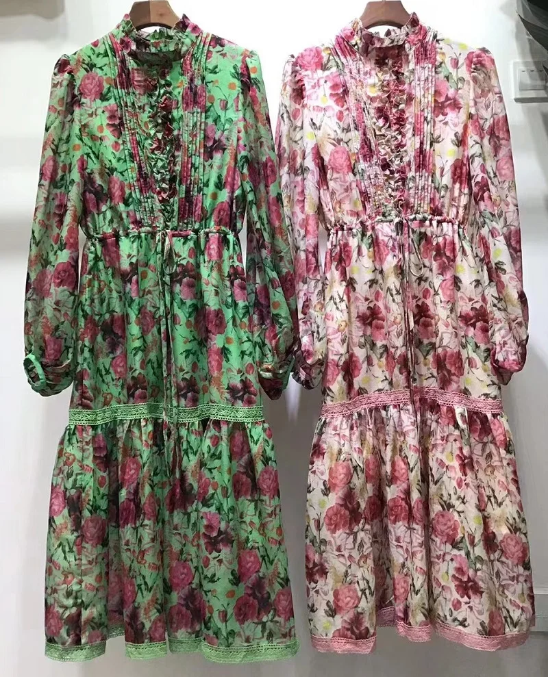 

Top Quality New 2024 Spring Summer Dress Women Charming Floral Print Lace Embroidery Long Sleeve Mid-Calf Green Pink Dress XL