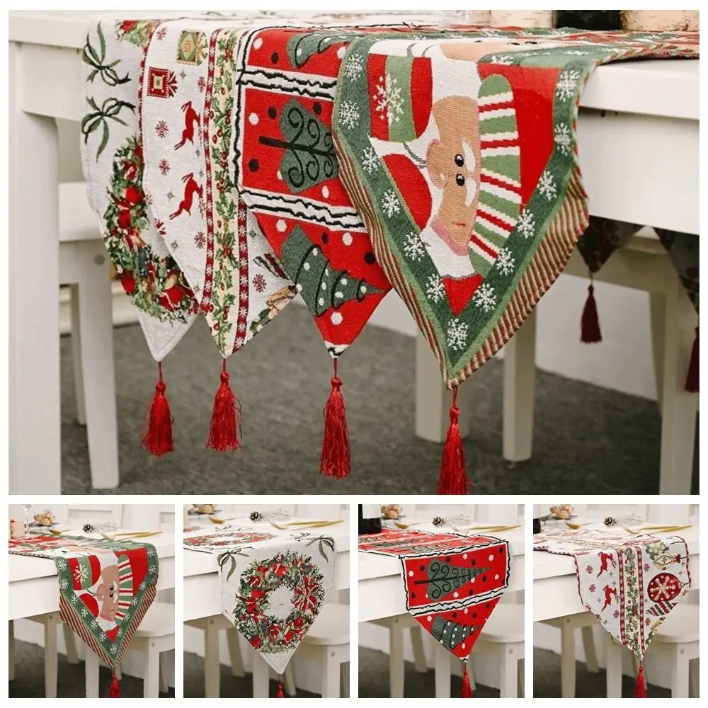 

Household Tassel Christmas Table Runner Snowman Printed Long Table Cover Knitted Cloth Rectangle Tablecloth Banquet