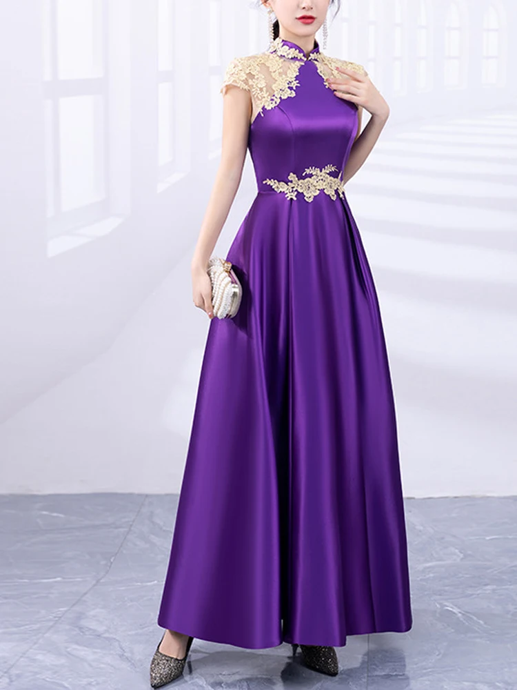 

Elegant Solid Color Long Dress for Women 2023 High Waisted Short Sleeved Choir Costumes Purple Standing Neck Host A-line Skirt