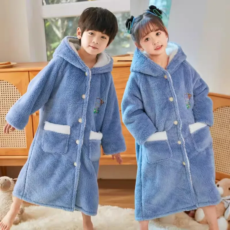 

Fashion Hooded Sleepwear for Boys Winter Teenage Thicken Warm Bathrobes Kids Girls Cartoon Bear Flannel Lengthen Homewear 8 12 Y