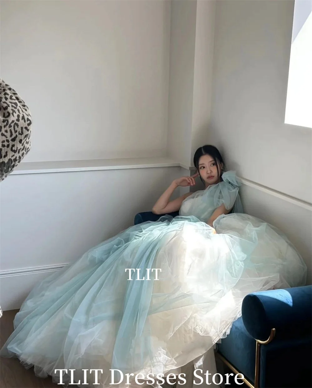 TLIT Sweetheart Sky Blue Corea Abiti da sera a trapezio Una spalla Fata Tulle Abito da ballo formale per feste per riprese di foto di nozze