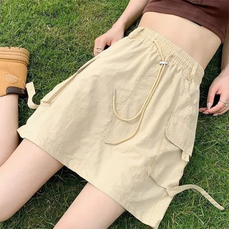 

Fashionable High Waist Big Pockets Elastic Waist Sweet Cool Workwear A-Line Skirt For Women