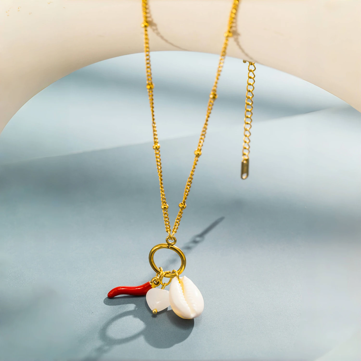 Red Chili Enamel Dangle Natural Stone Shell Pendant Fashion Gold Color Stainless Steel Chains Necklaces for Women Jewelry Gift