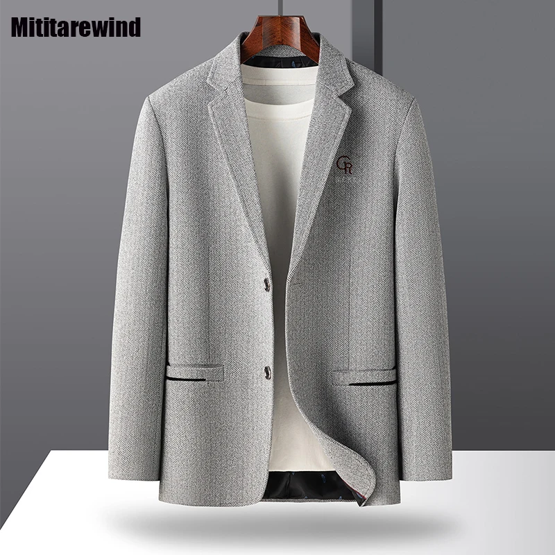 

Spring Autumn New Men's Wool Coat Brand Business Casual Woolen Suit Solid Embroidered Fashion Man Blazers Slim Fit Button Jacket