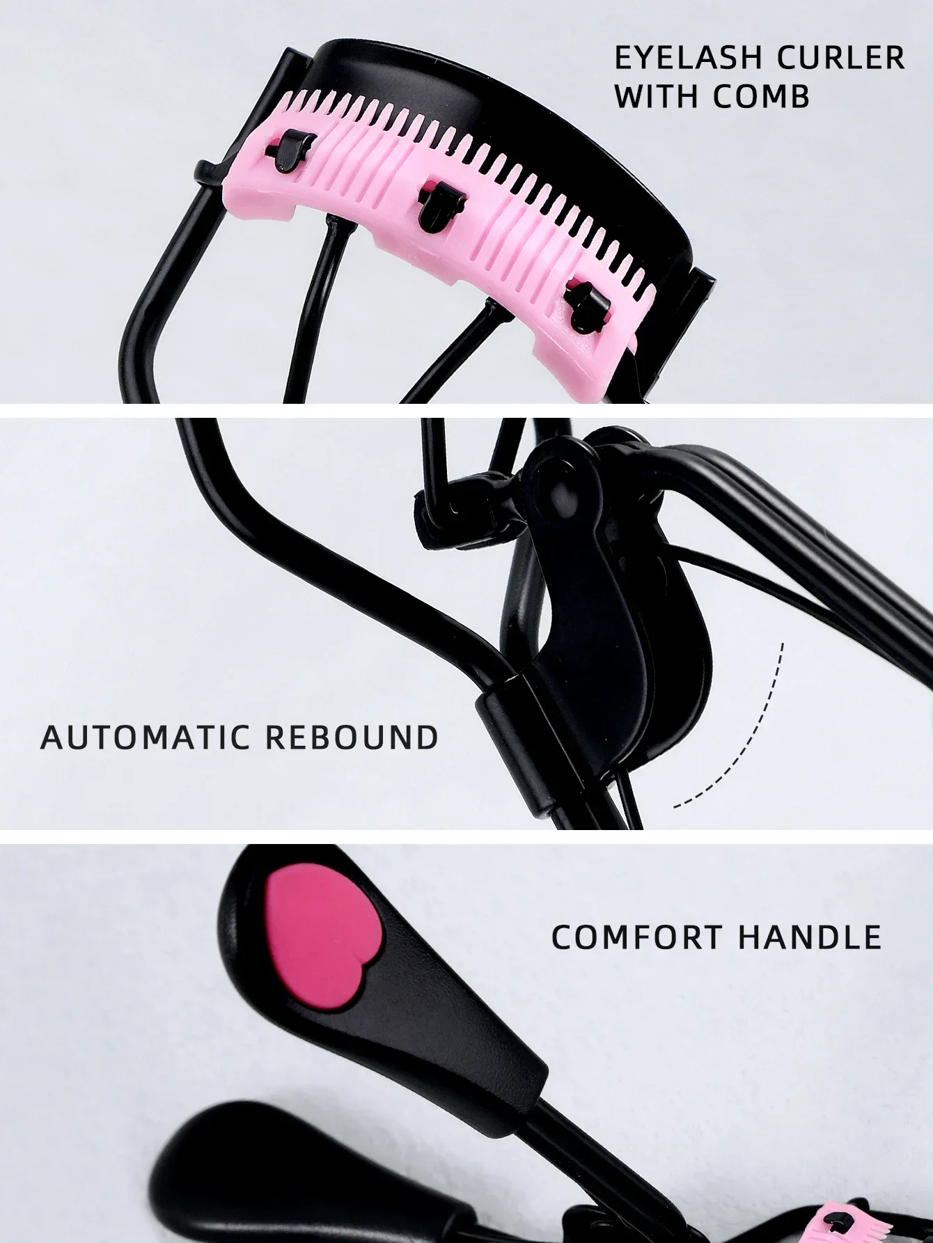 1 piegaciglia in acciaio inossidabile con pettine, occhi grandi modellanti duraturi, nessun danno alle ciglia, adatto a tutti i tipi di occhi e occhi