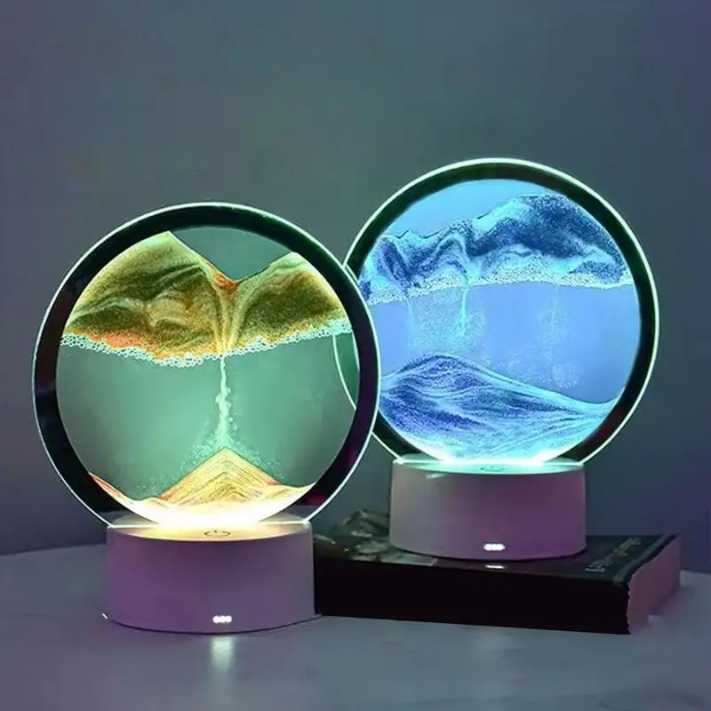 3D Quicksand Art Lamp USB Charging Hourglass Sand Painting Table Lamp Moving Sand Rotating Night Light With Remote Control