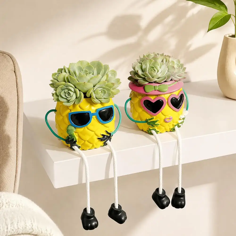Cute Pineapple Flower Pot Resin Pineapple Tabletop Planter with Hanging Legs Pot Desktop Organizer Tropical Fruit Figurine for S
