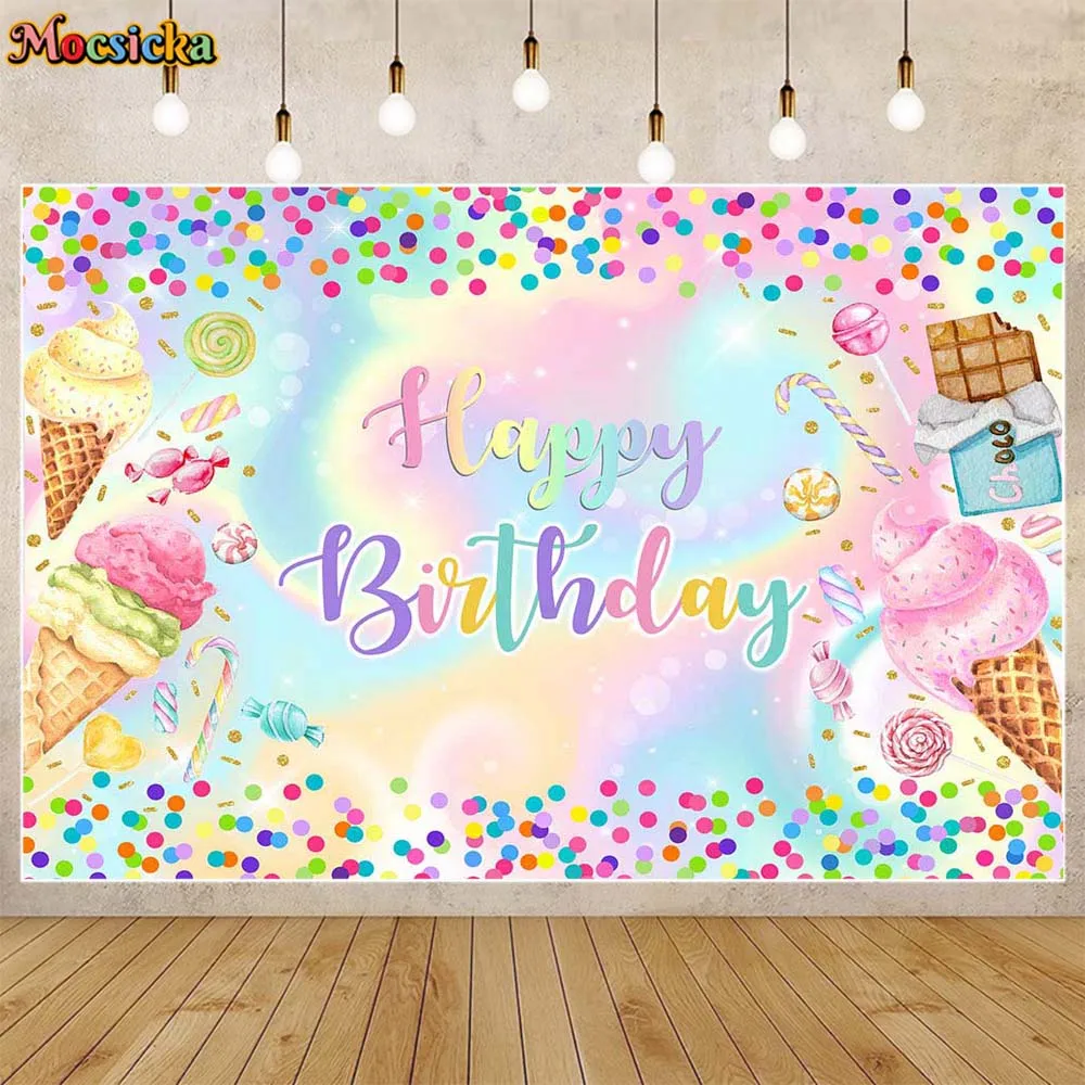 Mocsicka Kids Birthday Backdrop Photography Ice Cream Candy Colorful Dots Girl Birthday Party Decor Background Photostudio Props