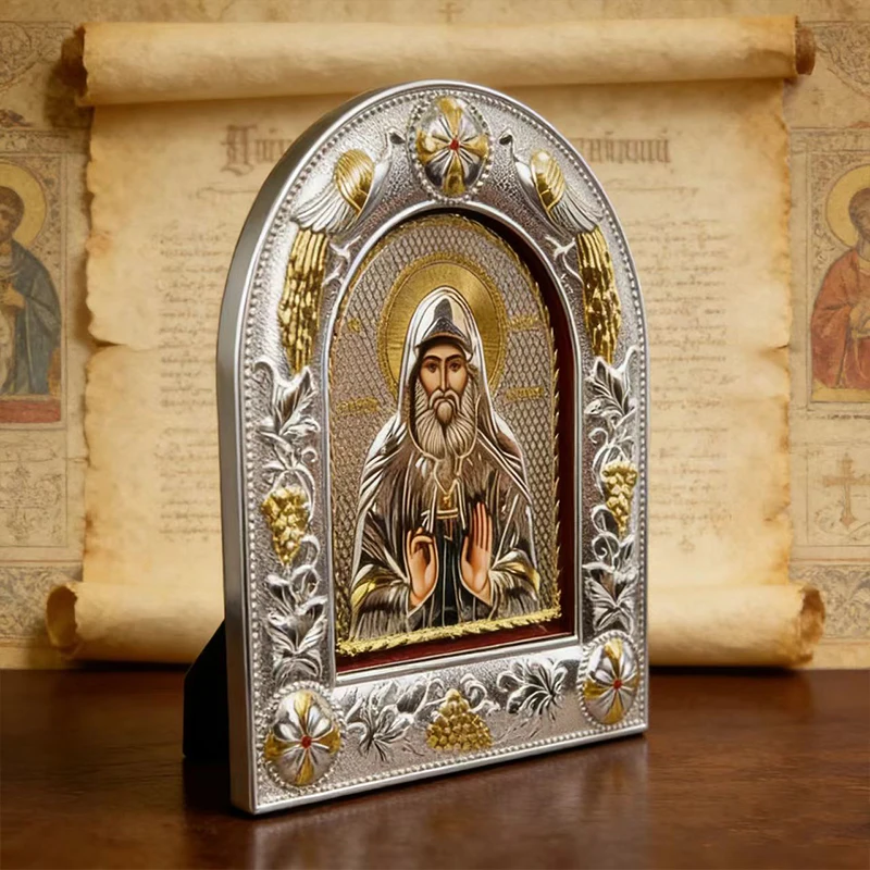New Silver Gold Plated Orthodox Church Saint Icon with Embossed Arch Frame for Liturgy Home Altar Prayer Devotion Christian Gift