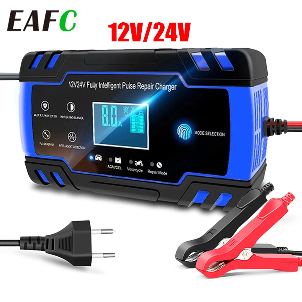 EAFC 12V/24V cargador de batería de coche totalmente inteligente 12V 8A 24V 4A cargador de reparación de pulso para cargador de plomo y ácido