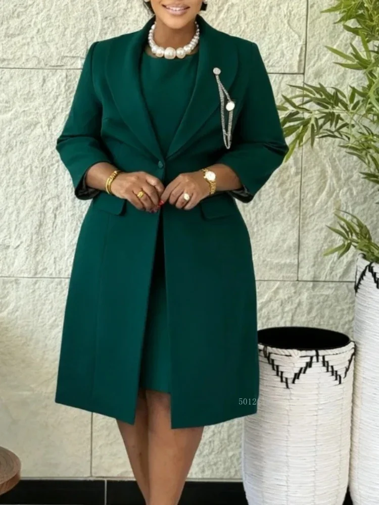 

Элегантный офисный женский комплект из двух предметов, пиджак без рукавов, пальто с цепочкой на груди и круглым вырезом, стильное облегающее внутреннее платье, официальная рабочая одежда