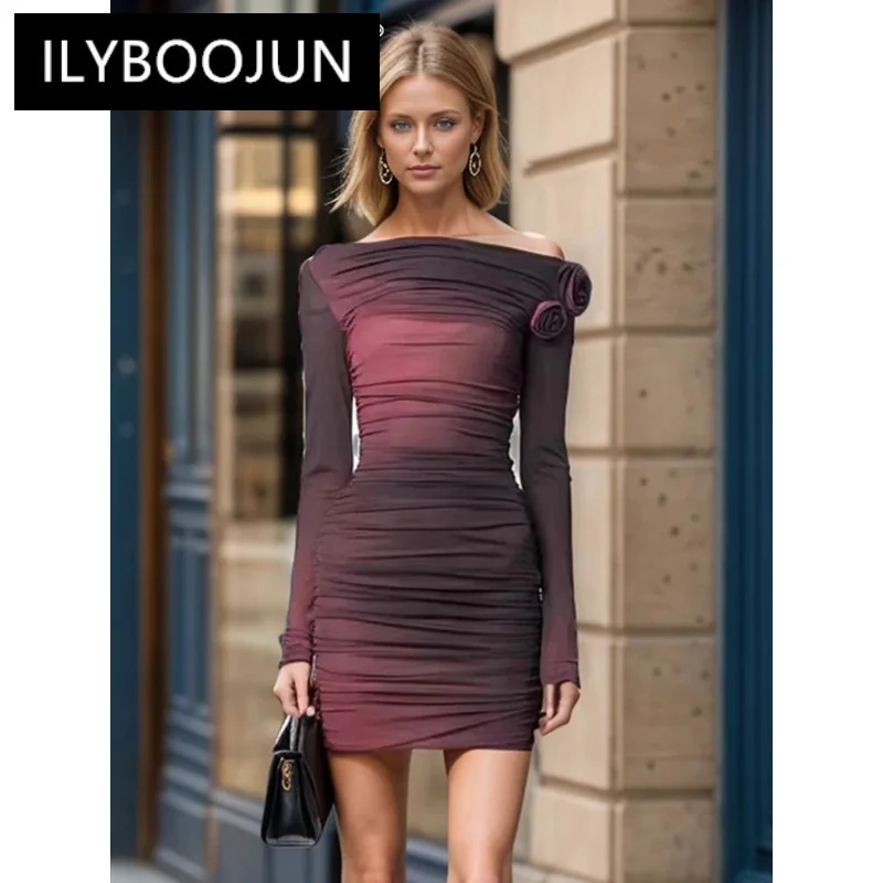 

Colorblock Spliced Appliques Asymmetrical Collar Long Sleeve Slim Dress Female Dresses For Women 2024 Luxury Brand High Quality