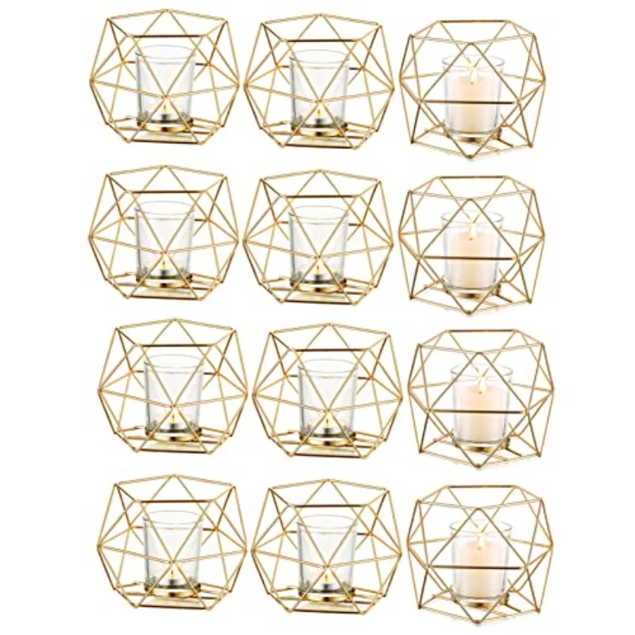 Geometric Tealight Candle Holders Gold, Modern Metal Geo Wedding Centerpieces for Table, Votive Candle Stand Accent for Tea Lig
