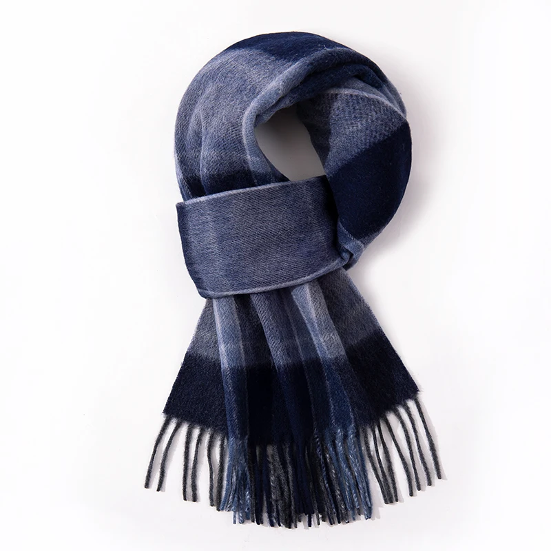 100% Wool Long Scarf Men Winter Warm Neck Scarves Classic Business Plaid Blue Scarf Shawls Luxury Striped  Foulard Hommes