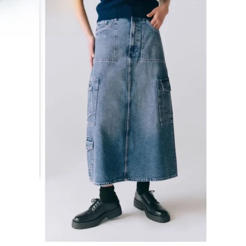 

Faionable Retro High Waist Midi Denim Skirt Women's Clothing Versatile mid Spring 2023 Pure Color f-length Skirt