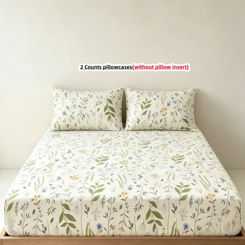 100% cotton plants 3Pcs Fitted Bed Sheet With Elastic Band Anti-slip Adjustable Mattress Cover (Pillowcase without pillow core))