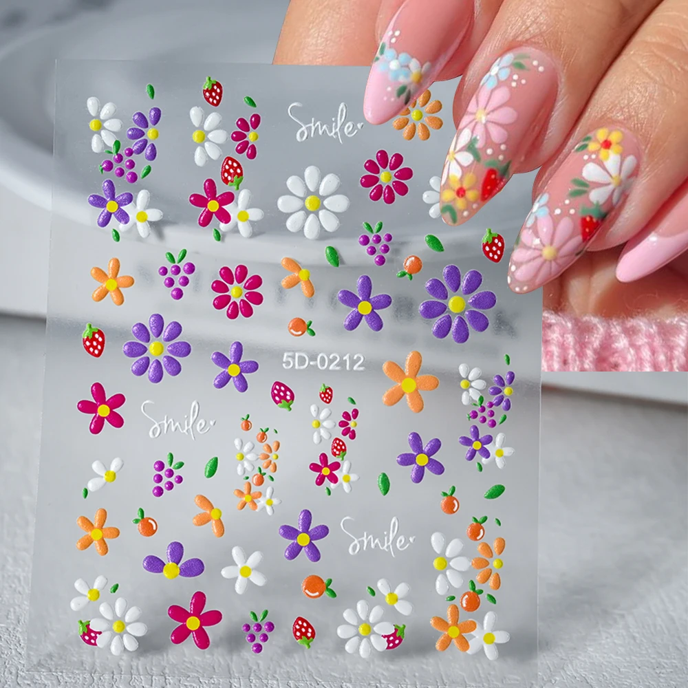 1Sheet Flower Nail Art Stickers Decal 5D Embossed Nail Accessories Stereoscopic Fall Floral Colorful Daisy Flowers Nail Supplies