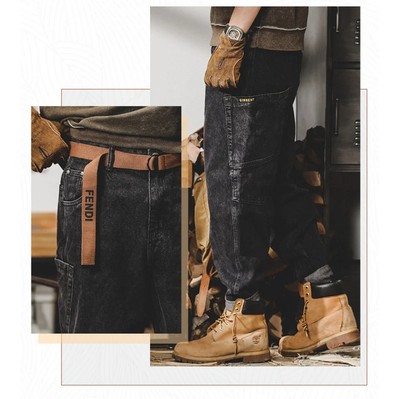 

Американские джинсы в стиле ретро, мужские осенние уличные модные брюки-карго, мужские свободные брюки больших размеров, прямые широкие брюки