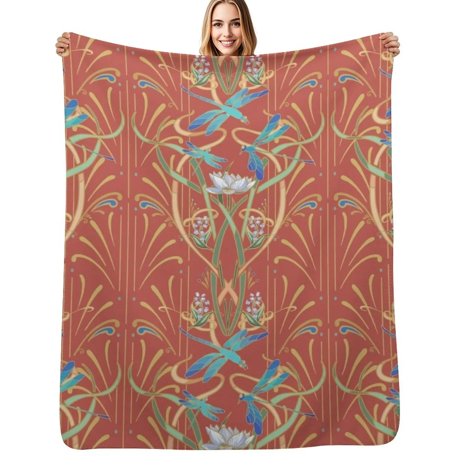 Art Nouveau Dragonflies Pattern Deep Coral Throw Blanket Portable Lightweight Blanket for Travel Camping