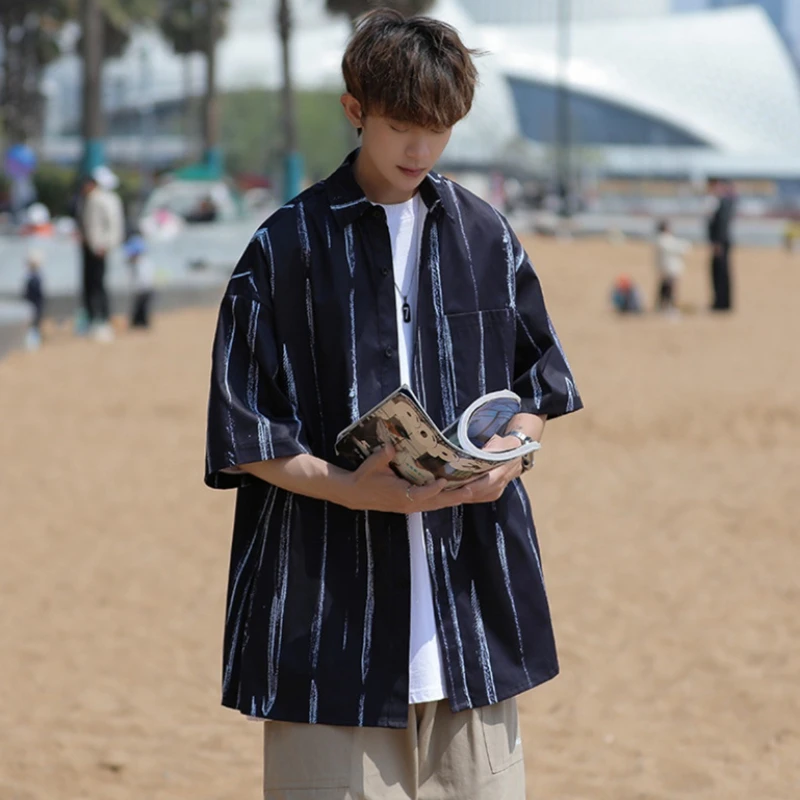

Striped Shirts Men Holiday Beach Chic Simple All-match Summer Half Sleeve Basic Tops Daily Cozy Boyfriend High Street Clothing